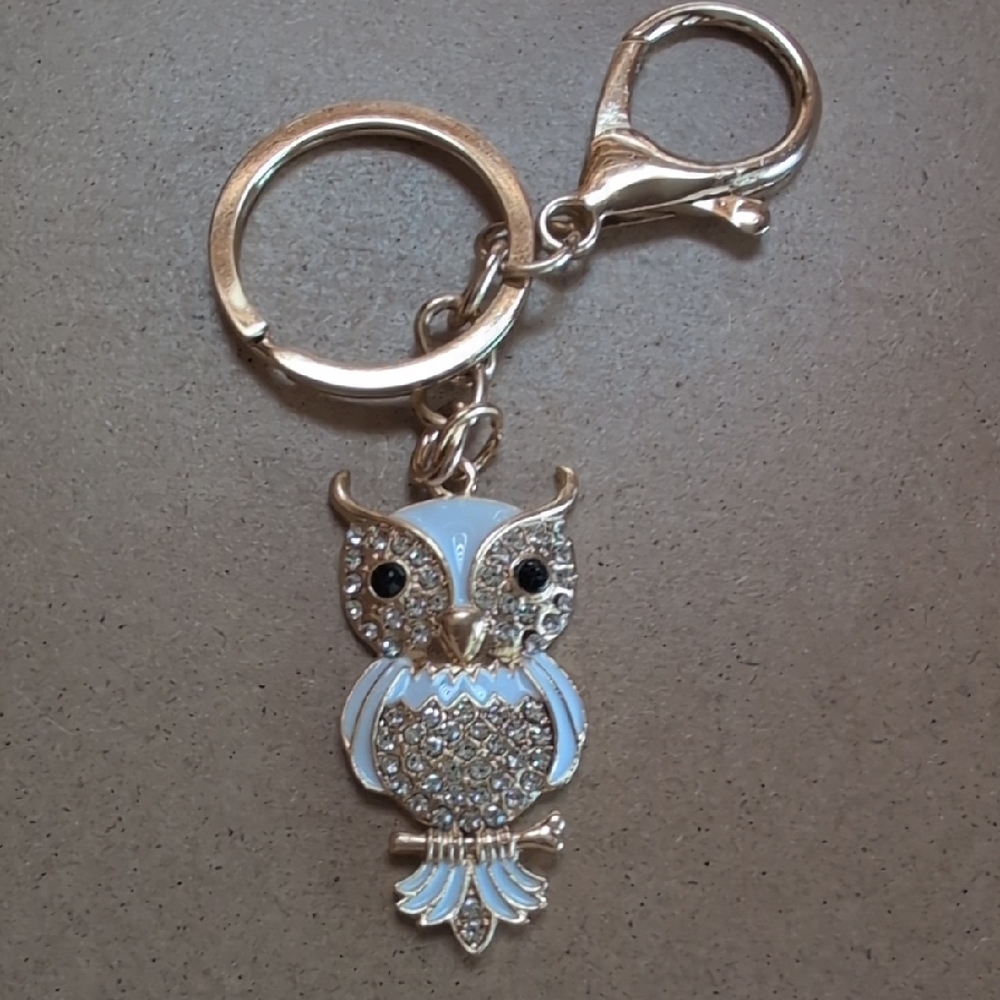 Gold and White Owl Keychain Bag Charm